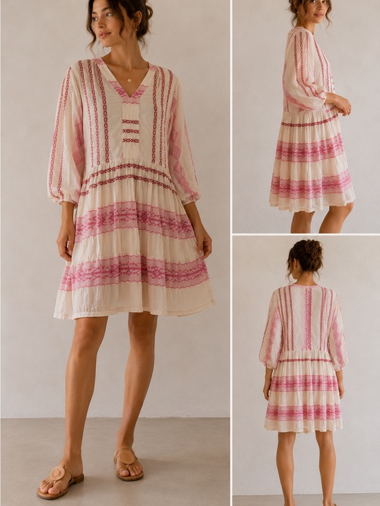 Flowers for friends Dresses & Skirts - Flowers For Friends Embroidered Mini‎ Dress XS Pink Cream Cottagecore Boho